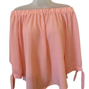 MUST HAVE Women Coral Stripe Off Shoulder Tie Sleeve Blouse Top
